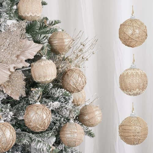 XmasExp Farmhouse Weihnachtskugel-Ornament-Set, 70 mm, bruchsicher, rustikal, Weihnachtsbaum-Dekoration zum Aufhängen, 12 Stück, Beige und Champagner