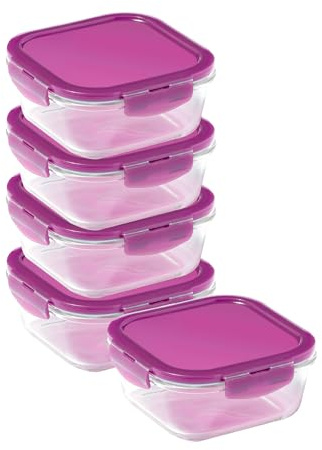 LocknLock Eco Ovenglass Glass Food Containers with Lids Set of 5 - Airtight, Leakproof Square Food Storage Containers with Recycled Plastic Lids, Oven Safe, Dishwasher Safe, 5 x 750ml