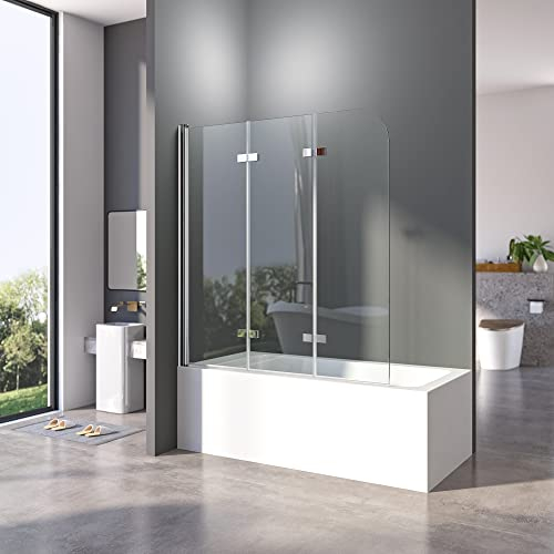 Duschwand für Badewanne 130 x 140 cm 3-teilig Faltbar Duschwand Silber Duschabtrennung Falttür Badewannenwand Trennwand mit 6mm Nano Glas
