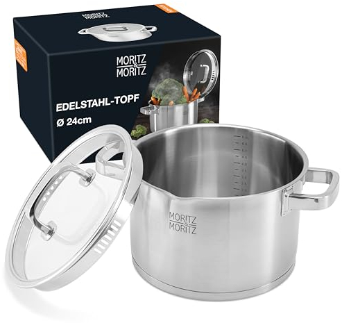 Moritz & Moritz Edelstahl Kochtopf Induktion 24cm mit Sieb im Deckel - Für alle Herdarten geeignet - Skala bis 6L - Integriertes Sieb im Deckel - Induktions Topf für Suppen und Eintöpfe