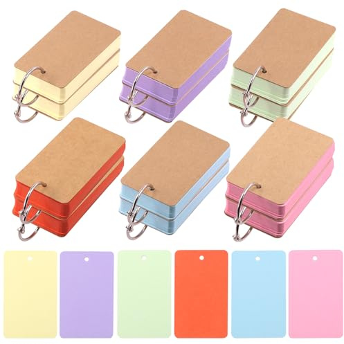 Swpeet Colored Index Cards 600 Blätter 2.1 x 3.5 Zoll farbige Indexkarten mit Binderingen, Notecards-Indexkarten, 6-Farben-einfache Flip-Flash-Karte leere Indexkarten für Schullernen