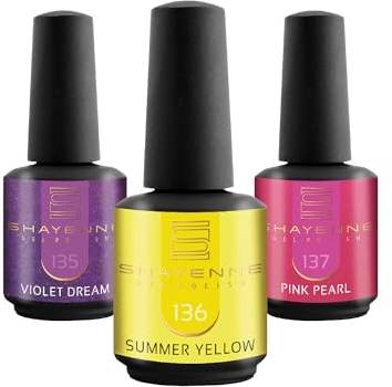 SHAYENNE UV Nagellack Set -MADE in GERMANY 3 Stück - 135 Violet Dream Glitter 15 ml - 136 Summer Yellow 15ml - 137 Pink Pearl 15ml Gel Farblack Gellack Nagel Lack Nail Polish Nagelgel