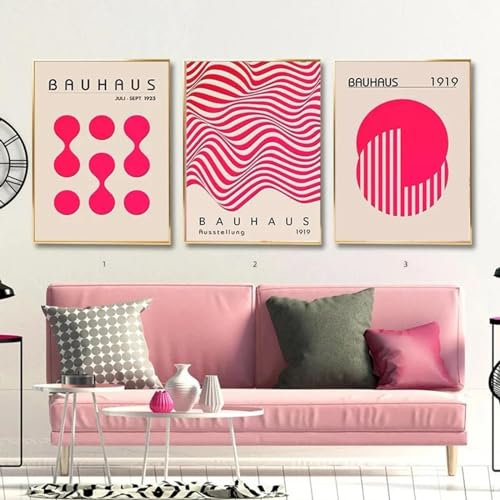KemneT Bauhaus Pink Geomtric Line Poster und Kunstdrucke abstrakte nordische Ölwand Bilder moderne Leinwandbild Bilder Wohnzimmer Heimdekoration 50 x 70 cm x 3 ungerahmt