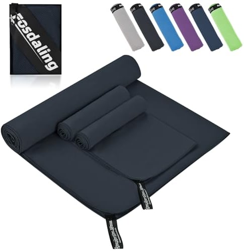 Fosdaling Mikrofaser Handtuch 3er Set(Groß 160×80cm und 2 Klein 80×40cm), Schnelltrocknend Microfaser Fitness & Sport Handtücher, für Strandtuch, Badetuch, Sporthandtuch und Reisehandtuch (Dunkelgrau)