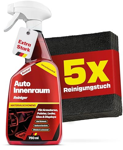 KESTRAL® Auto Innenraumreiniger Set mit 5X Mikrofasertüchern - Entfernt effektiv Schmutz von Kunststoff, Cockpit, Display, Glas, Polster, Leder, Lenkrad & Armaturen im Autoinnenraum - Made in Germany