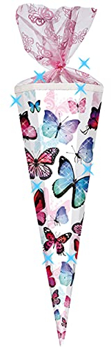 alles-meine.de GmbH Schultüte - mit 3D Glitzer - Effekt ! - Schmetterlinge - bunt - 22-100 cm - Größe wählbar - rund - mit Tüllabschluß - Zuckertüte - mit - ohne Kunststoff SPI..