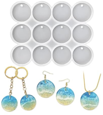 Hebterrka Moule en silicone avec 12 cavités, 3,5 cm, cercle plat brillant avec trou, forme de porte-clés rond, pendentif/boucle d'oreille, moule pour animal de compagnie pour moulage en résine