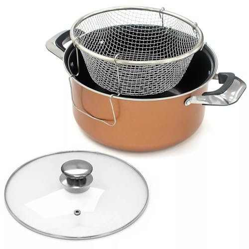 24cm Non Stick Deep Chip Pan Set with Basket 2 Chop Sticks & Glass Lid Deep Fat Fryer Kitchen Cooking Pot Copper