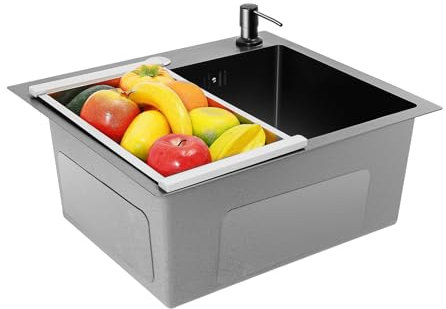 BJTDLLX Fregadero de cocina de 45 x 40 cm, color negro, 1 lavabo empotrable con dispensador de jabón, fregadero de cocina pequeño con tubo de desagüe para restaurante, bar