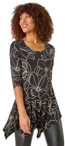 Roman Originals Women Asymmetric Top Ladies Hanky Hem Blouse Stretchy Tunic Occasion Smart Casual Summer Sprint Winter Autumn Cocktail Party Evening 3/4 Short Sleeve - Tan - Size 10