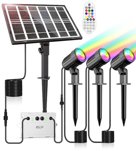 CLY Spot Solaire Exterieur RGB, 30 Modes Dynamiques Lampe Solaire Exterieur Multicolore 10 Couleurs 2 Luminosité Lumiere Solaire Extérieur 6000mAh Eclairage Exterieur Solaire Télécommande IP66 3 EN 1