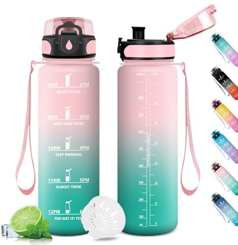 Sportflasche 1L, Trinkflasche Sport Wasserflasche mit Zeitmarkierung, Auslaufsicher Wasserflasche mit Filter, Sport Wasserflasche für Fitness, Camping, Fahhrad, Outdoor, Erwachsene, Wandern