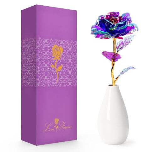 Valentinstag Rose Geschenk für Sie, Galaxy Rose Blume mit Vase Frauen Geschenke für Sie vom Freund Lustige Valentinstagsgeschenke für Sie Frauen an Valentinstag Geburtstag Weihnachten (Lila) 