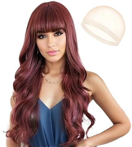 JSTHHTT 65 cm Peluca Larga para Mujer, Peluca Larga Ondulada, Pelucas de Cabello Sintético con Flequillo, para Uso Diario en Fiestas Cosplay (Rojo Oscuro)