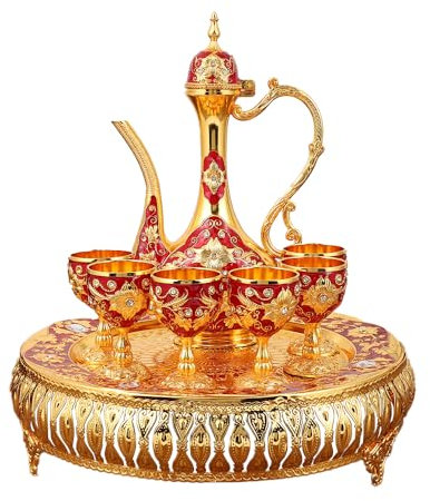Tea Set of 6 with Tea Tray Teapot, Turkish Tea Set with Pot Tray and 6 Cups Alloy Moroccan Tea Set Vintage Turkish Tea Set for Home Bar, Tea Party (Gold Red)