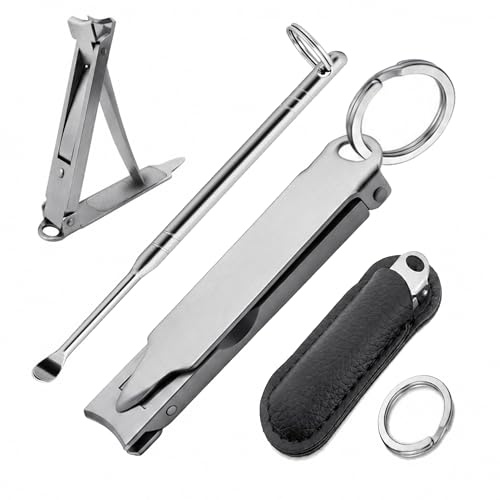 SG NEKOO Ultra-Thin Folding Nail Clipper Set, Keychain Travel Nail Kit with Ear Pick & Leather Case, Portable Stainless Steel Nail Cutters for Men Women, EDC Gift