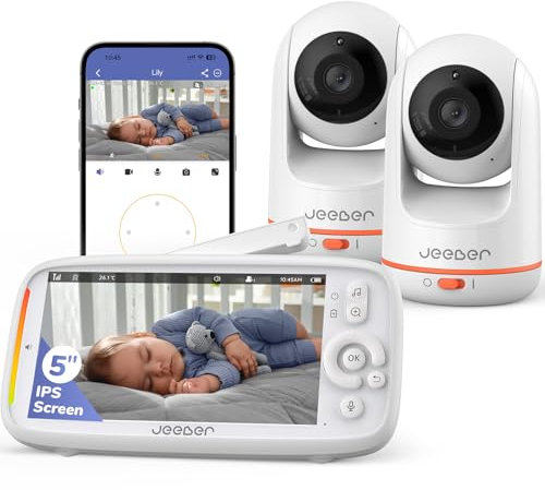 2K Wifi Video Baby Monitor with Two Cameras, App & 5'' Monitor Control, Motion & Cry Detection, Night Vision, Two-Way Audio, Lullabies, Temperature Sensor, 3050mAh Battery, 360° Pan, Tilt and x3 zoom