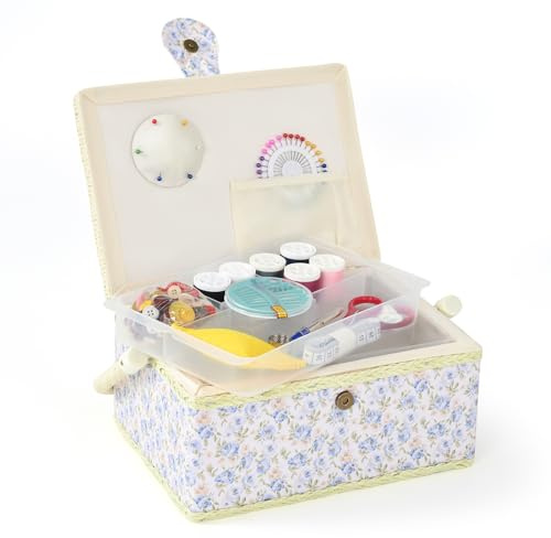 NOTIONSLAND Nähkörbe für Zuhause, mittelgroße Nähbox zur Aufbewahrung und Organisation, Nähkorb mit Zubehör, Geschenk für Weihnachten, Erntedank, Muttertag (Schlichtes Weiß)