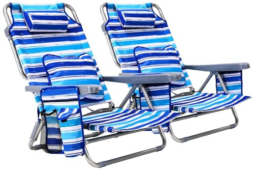 LIFERUN Chaise de Plage,Sac à Dos,Lot de 2,avec Coussin Lombaire,Bleu | Dossier 4 positions,Chaise 4,8 kg Pliable,Cadre 140 kg,Rangement Isotherme,Appui-tête,Dossier Réglable,Oxford,Plage,Pêche