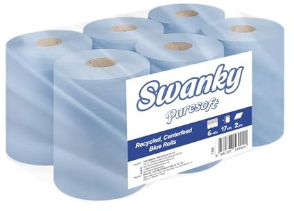 Swanky Pure&Soft Lot de 6 rouleaux à dévidage central bleus - 2 plis - Papier essuie-tout recyclé - Papier industriel pour cuisine et restauration