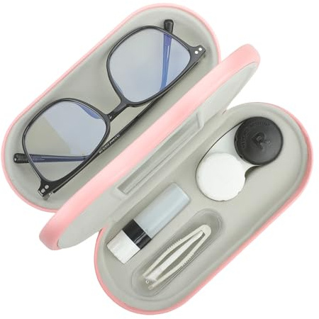 Zettokete 2 in 1 Contact Lens and Glasses Case,Double Sided Dual Use Design with Mirror, Tweezer and Contact Lens Solution Bottle,Portable Soak Storage Kit for Travel,Office, Pink