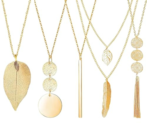 HORREX 5 Pezzi Set Collane, Collana Donna Lunga Semplice Set di Gioielli Elegante, Parure Gioielli Donna Bohémien, Oro Pendente Bar Piuma Cerchio Foglia Lucchetto Nappa per Usura Quotidiana Cena