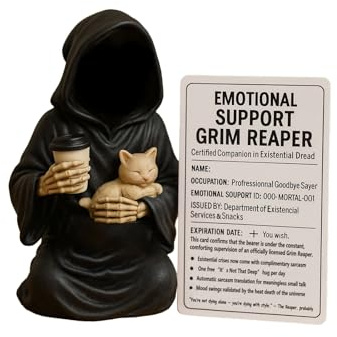 Generisch Emotionale Unterstützung Grim Reaper Figur, Positive Sensenmann, lustige Sensenmann-Figur, Handbemalte Gothic Skulptur mit Kaffee und Katze, Schwarze Deko-Statue für Bücherregal