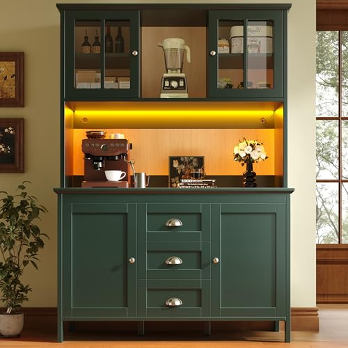 Kebnor hohe Küchenschränke, Sideboards, Küchenschränke mit braunen Glastüren und LED-Beleuchtung, grün (120 x 40 x 179 cm)