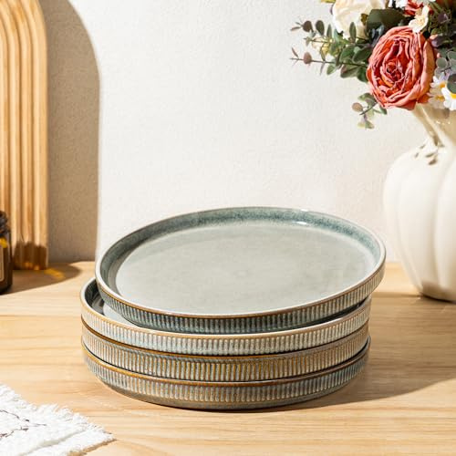 GBhome Speiseteller Set mit 4-27cm Kratzfester Steingut Platte, spülmaschinen- und mikrowellenfest, Dessertteller, Nudel- / Salatteller, Desret Salbei