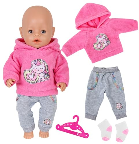 Puppenkleidung für 30-45 cm Baby Puppen Enthält 1 Rosa Pony Hoodie 1 Graue Hose 1 Paar Socken 1 Kleiderbügel für 12-18 Zoll Puppen Zubehör Kinder Geschenk
