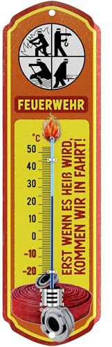 LANOLU Retro Thermometer Feuerwehr, Feuerwehrmann Geschenke für Männer, Geschenkideen für Männer, Feuerwehr Deko Schild, analog 8x28cm