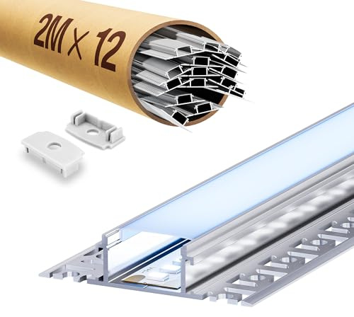 LASLUX 12 x LED Fliesenprofil 2M, LED Trockenbauprofil 2M Aluminium Profil Schiene Unterputz Kanal und Diffusor Aufputz für Indirekte Beleuchtung Decke
