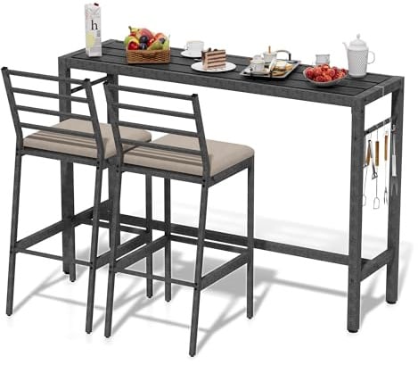 Jacklin F Dreiteiliges Outdoor Terrassen Bar Set, 2 Barhocker + 1 Bar Tisch Grau