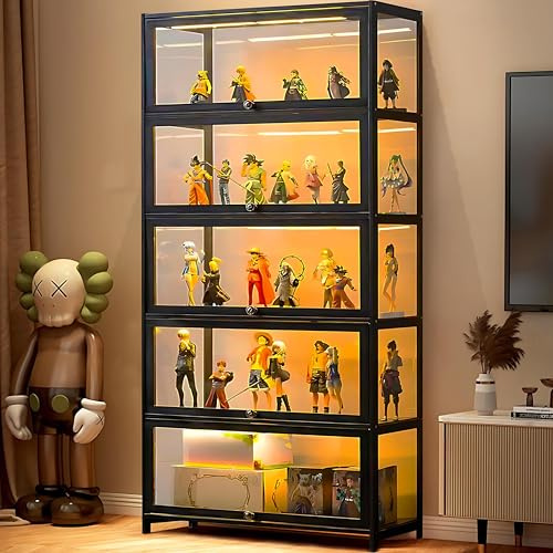 Scribora 5-Tier Display Cabinet with Acrylic Glass Doors, Collectibles Toy Organizers Rack & Display Shelf, Bookcase for Home Office Playroom Living Room (Black-flip Doors)