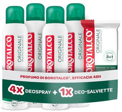 Borotalco, Kit 4 Deodoranti Spray e Deo-Salviette, 4 x 150 ml | Con Talco Vegetale e Molecole Anti-Odore, Azione Deodorante e Detergente, 48h, Senza Alcol, 12 Salviette
