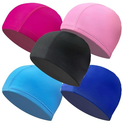5 gorros de natación de tela ligera, unisex, ajuste cómodo, material elástico duradero, gorro de natación ligero para mujeres, hombres y adolescentes