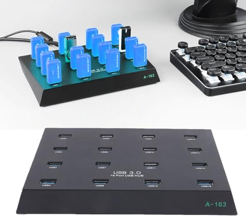 Plyisty USB 3.0 Hub 16 Port 5 Gbit/s, Multi-Port-USB-Splitter für Flash-Laufwerk, Kartenleser, HDD-Batch-Datenkopierstation, Industrieller -Hub für Duplikationstests, Produktionsbüro (EU-Stecker)