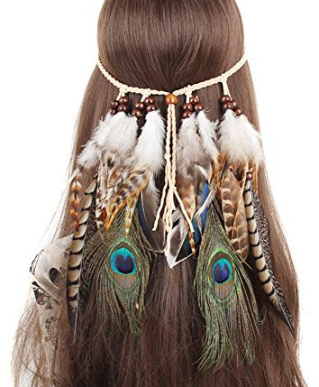 TININNA Damen Stirnbänder Frauen Feder Quasten Gürtel Stirnband Haarband Haarschmuck Kopfschmuck Haar Hippie Boho Federn Mit Holzperle Haarschmuck Haarbänder EINWEG Verpackung