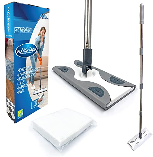 Static Floor Wipes Mop, Flat Mop with Disposable Floor Wipes for Quick and All-Purpose Cleaning, Floor Mops for Laminate Floors, Tiled, Wooden, or Vinyl − Dust Mop Kit with 10 Dry Floor Wipes