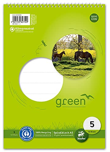 Staufen Green Spiralblock - DIN A5, Lineatur 5 (5mm kariert), 40 Blatt, premiumweißes 70g/m² Recyclingpapier, 1 Stück