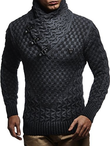 Leif Nelson Pull en maille pour hommes | Haut à manches longues coupe cintrée | Pull basique avec col châle et cuir synthétique, Noir/gris anthracite, Taille L
