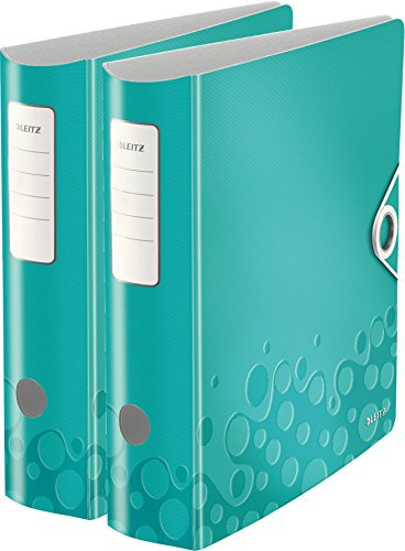 Leitz Qualitäts-Ordner 180° Active WOW, A4, Runder Rücken, 8,2 cm Breite, Kunststoff, Gummibandverschluss (2er Pack, eisblau metallic)