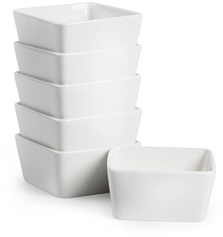 BTäT - Ramekins 8 oz Square, Set of 6, White Porcelain, 8 ounces Capacity, 3.635 x 3.635 x 1.75 Inches, Oven, Microwave, Dishwasher & Freezer Safe