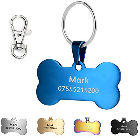 KSZ Etiquetas de identificación para Mascotas de Acero Inoxidable, Etiquetas Personalizadas para Perros y Gatos. Grabado Frontal y Trasero. Múltiples Colores (Azul, Hueso)