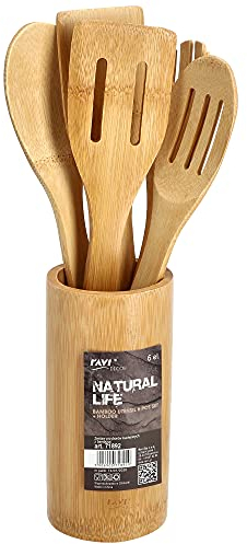 RAVI Küchenutensilien, Küchenhelfer aus Bambusholz, Utensilien-Set, Fünf Löffel-Spachtel, Kochgeschirr, Utensilien mit Holzständer, Küchenzubehör für Pfannkuchen, Rührei