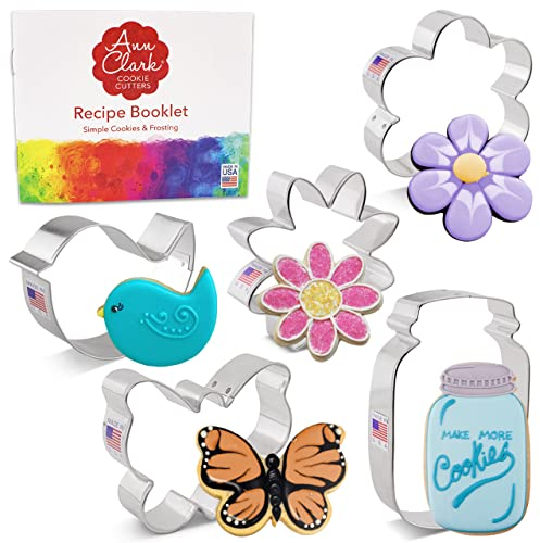 Ann Clark Cookie Cutters Juego de 5 cortadores de galletas flor/jardín con libro de recetas, mariposa, pájaro, flor, margarita y tarro