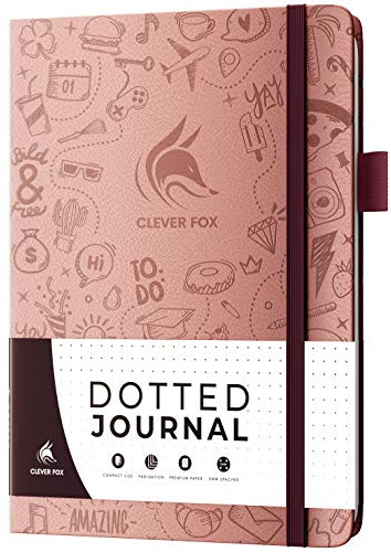 Clever Fox Dotted Journal, Blank A5 Notebook, Project Planner, Rose Gold | 14 x 21 cm, dot grid, eco leather hardcover, pocket for notes, 120gsm paper, stickers, bullet, to-do & meeting notebook
