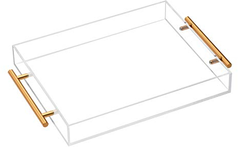 Vassoio da portata in Lucite in acrilico trasparente con manici in metallo, 28 x 35 cm, organizer decorativo con design a prova di fuoriuscite, per servire caffè, colazione, cena e molto altro ancora