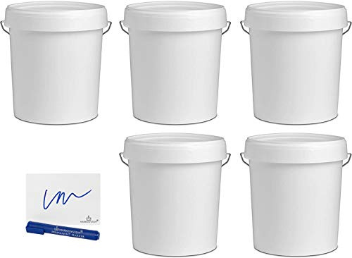 MARKESYSTEM - Cubo VACIO Industrial Pack de 5 x 17,9 litros - Contenedores Hermeticos de Plástico con Tapa - Almacenaje de Sólidos, Líquidos y Pinturas - Polipropileno Blanco + Kit Etiquetado