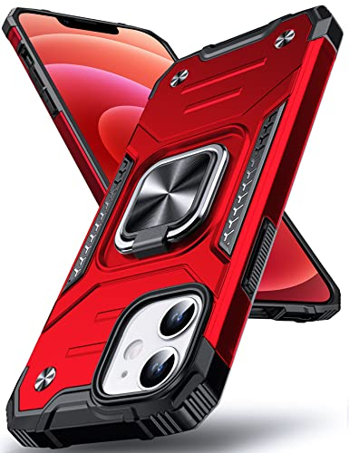 DASFOND Armor Hülle für iPhone 12 Mini Case Militär Stoßfest Handyhülle [Upgrade 2.0] 360 Grad Metal Ring Halter Ständer Schutzhülle [für Handyhalterung Auto Magnet], 5,4 Zoll, Rot